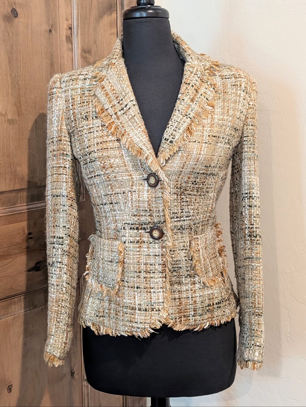 FOCUS 2000 Petite Fall Autumn Colors Fitted Tweed Fringed Blazer Jacket Sz 4P